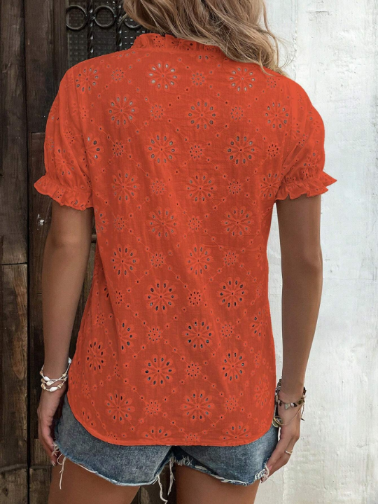 VCAY Eyelet Embroidery Puff Sleeve Frill Trim Blouse