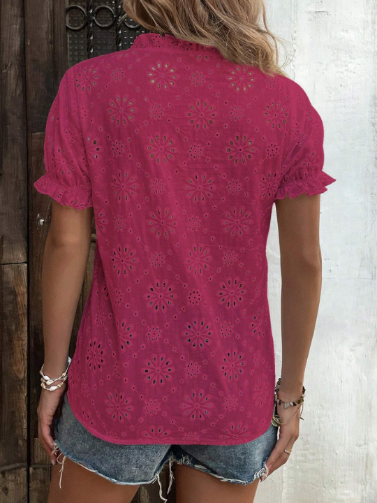 VCAY Eyelet Embroidery Puff Sleeve Frill Trim Blouse