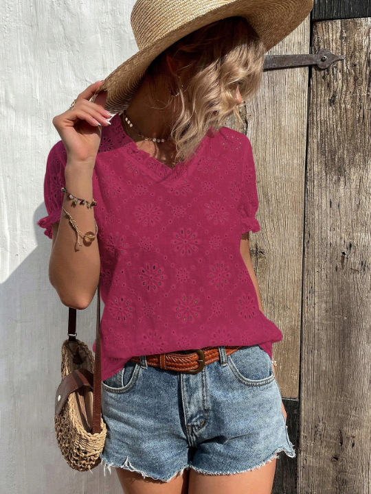 VCAY Eyelet Embroidery Puff Sleeve Frill Trim Blouse