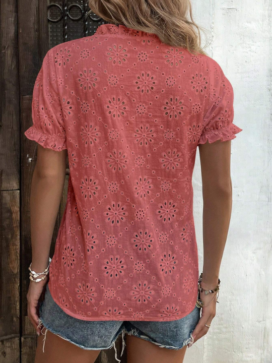 LUNE Eyelet Embroidery Puff Sleeve Frill Trim Blouse