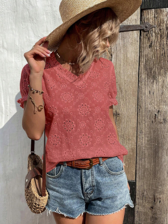 LUNE Eyelet Embroidery Puff Sleeve Frill Trim Blouse
