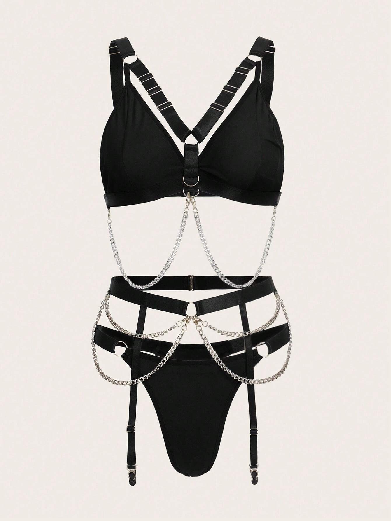 Grunge Punk Ring Linked Harness Garter Lingerie Set