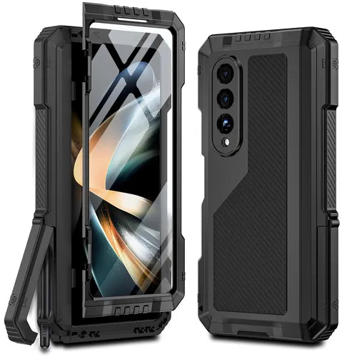 兼容三星 Galaxy Z Fold 4 金属外壳,带支架,3 层全身保护防震铝盖