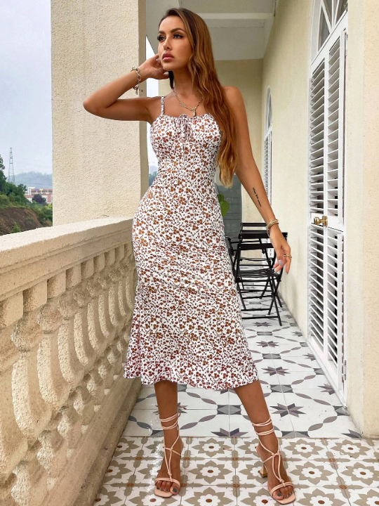 VCAY Spring Break Ditsy Floral Drawstring Cami Dress