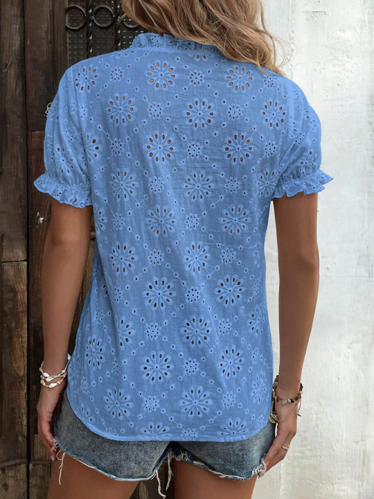 Eyelet Embroidery Puff Sleeve Frill Trim Blouse