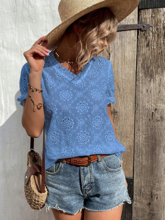 Eyelet Embroidery Puff Sleeve Frill Trim Blouse