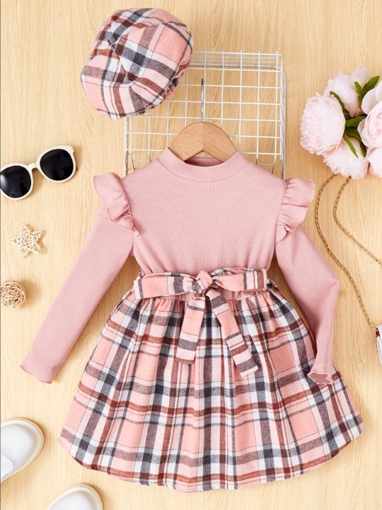 SHEIN Young Girl Plaid Print Ruffle Trim Dress & Hat