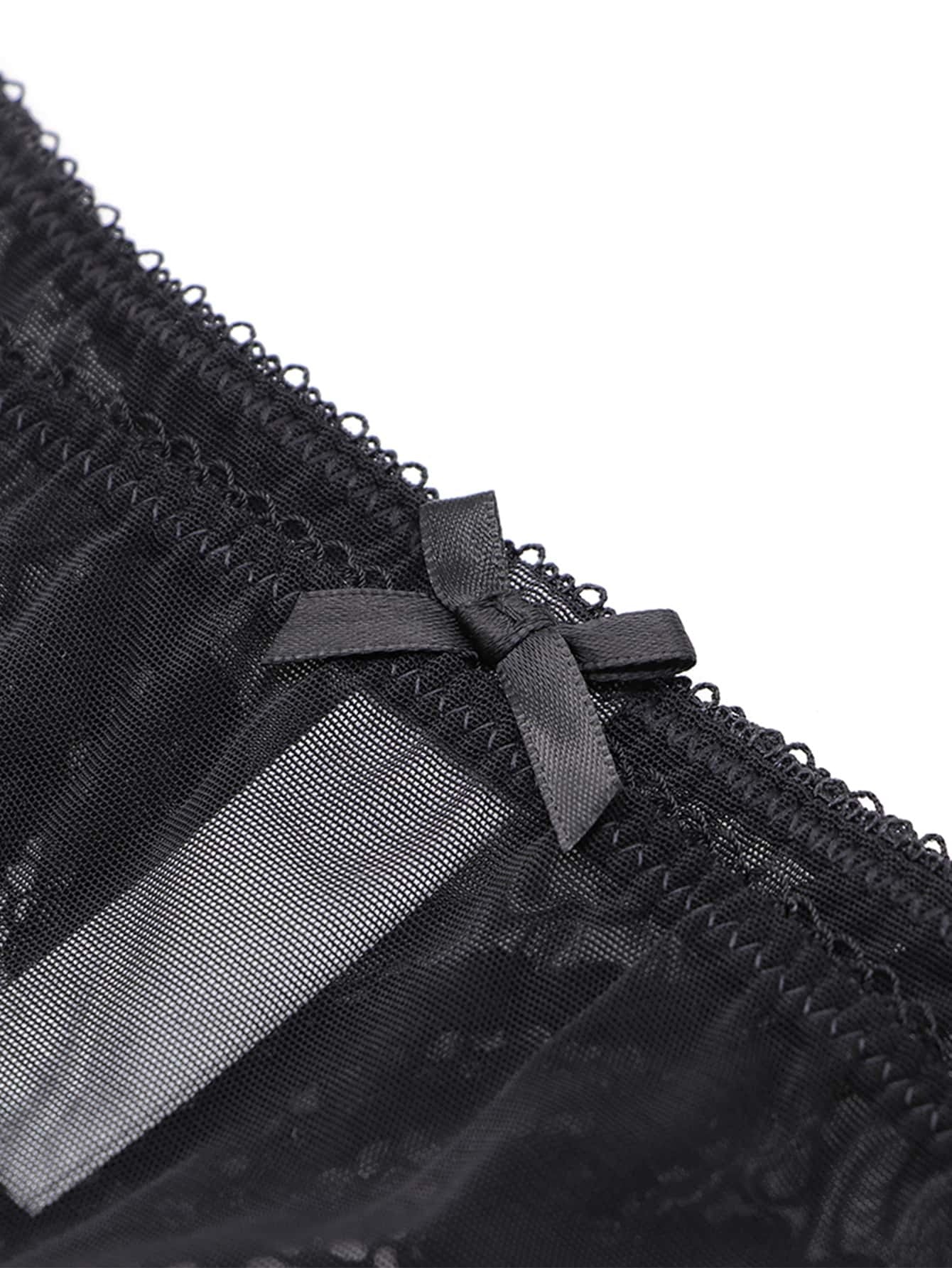 Women's Lace Decorative Thin Breathable Bra, Garter Belt, Briefs, Over The Knee Socks Four-Piece Set