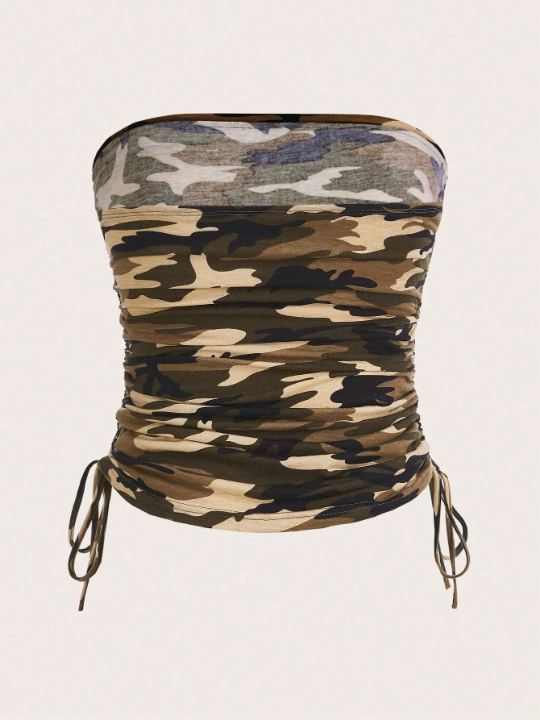 EZwear Camo Print Letter Rhinestone Drawstring Side Tube Top