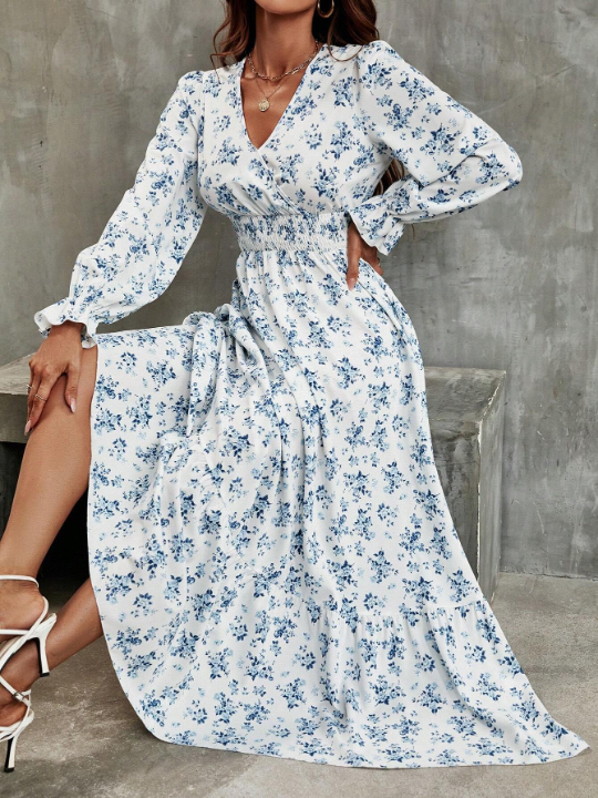 Frenchy Ditsy Floral Print Flounce Sleeve Ruffle Hem Dress