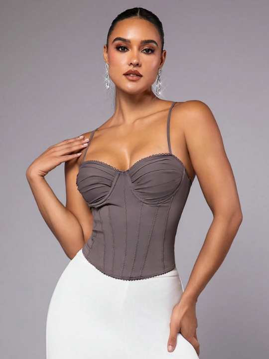 BAE Gray Strappy Lace Neckline Sexy New Year's Eve Women's Top