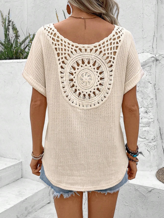 VCAY Summer Crochet Panel V-Neck Batwing Sleeve T-Shirt