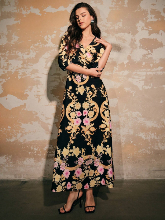 baroque flower maxi dress Anewsta Women's Baroque Print V-Neck Dress
