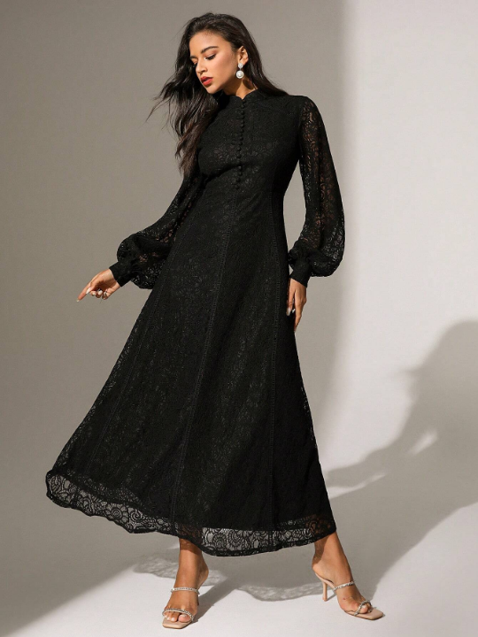 solid color long sleeve dress Anewsta Solid Color Lace Trimmed Button Decoration Long Sleeve Dress