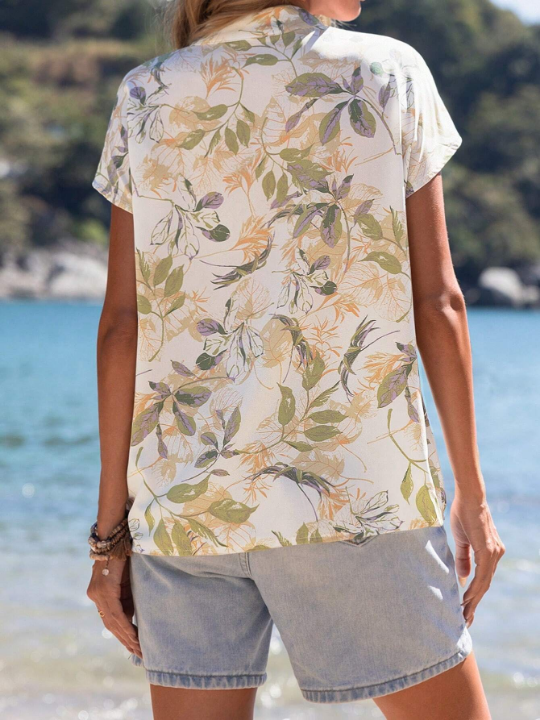 EMERY ROSE Tropical Plants Printed Button Up Shirt With Batwing Sleeves Detail Floral Blouse Summer Women Blouses