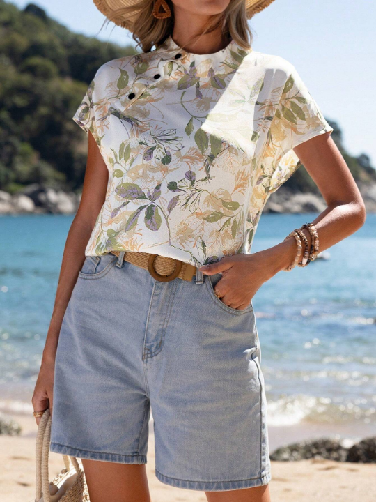 EMERY ROSE Tropical Plants Printed Button Up Shirt With Batwing Sleeves Detail Floral Blouse Summer Women Blouses