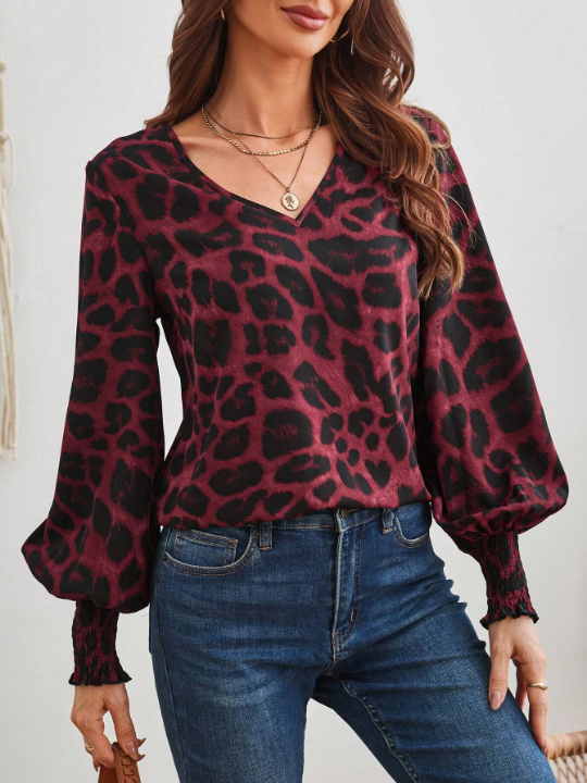 LUNE Women's Leopard Print V-Neck Lantern Sleeve Fashion Shirt
