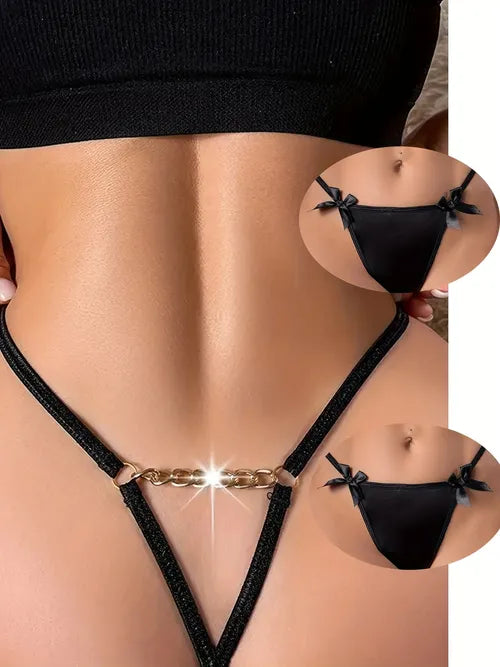 2pcs Bow Decor Thongs, Sultry Chain Linked Intimates Panties, Women's Lingerie & Underwear
