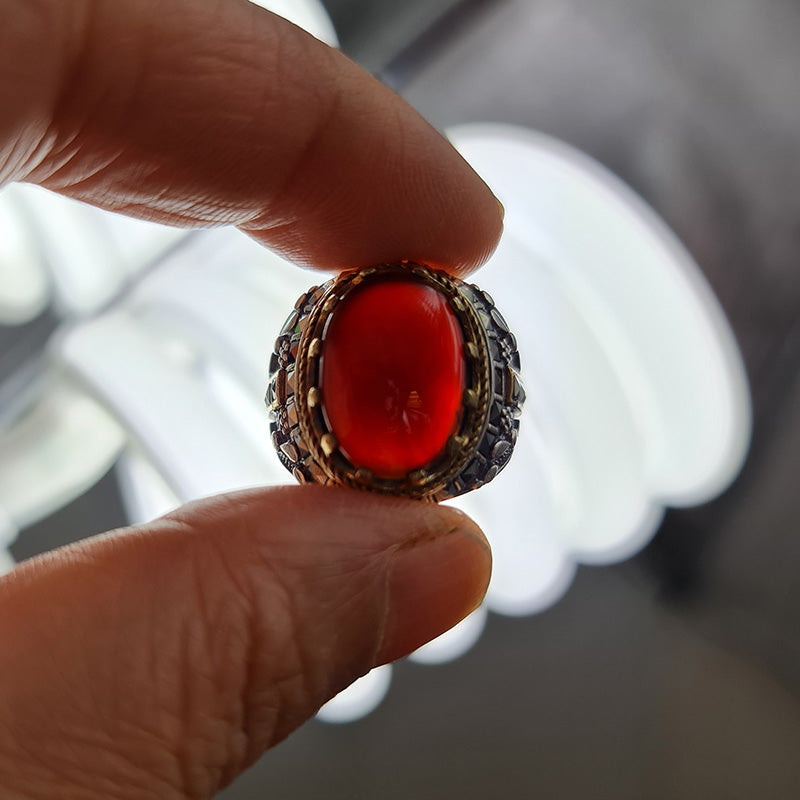 خاتم عقيق يمني نادر أصلي مع فضة عيار 925 للرجال DR03364