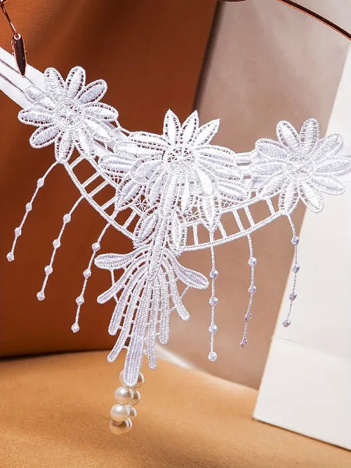 Floral Embroidery Tassel Thongs, Low Waist Open Crotch Sheer G-String With Pendant Pearl, Women's Sexy Lingerie & Underwear
