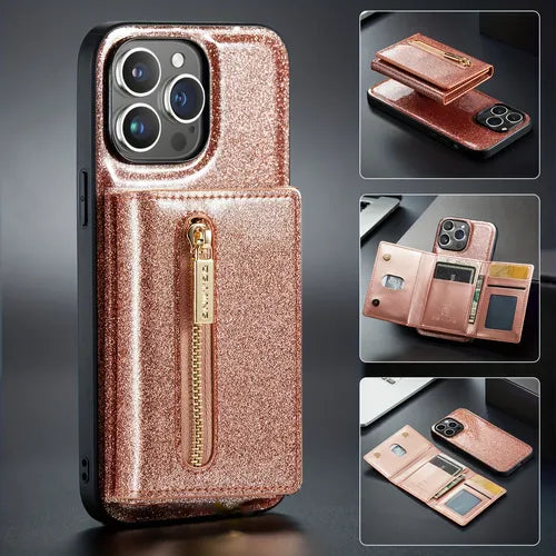 iPhone 14 13 12 Pro Max 女士钱包式手机壳带卡夹和强力磁性可拆卸保护壳和支架带闪光皮革手机壳适用于 iPhone