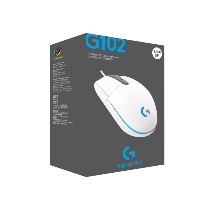 Logitech G102 LIGHTSYNC - White - Mouse - Optic - 6 buttons - White