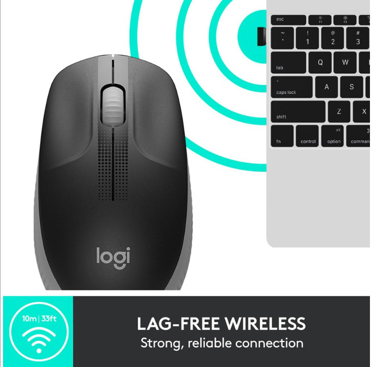 Logitech M190 Full-size Wireless Optical PC Mouse - Mid Gray - Mouse - Optic - 3 buttons - Gr?