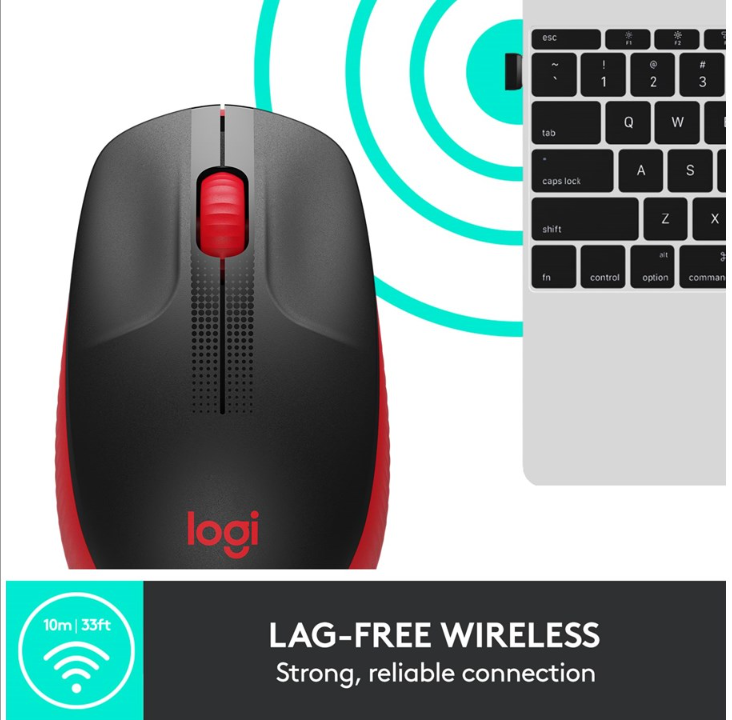 Logitech M190 Full-size Wireless Optical PC Mouse - Red - Mouse - Optic - 3 buttons - Red