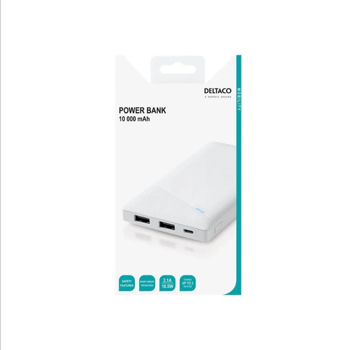 Deltaco Power bank 10.000 mAh.2xUSB-A.Micro USB.sfty featu PowerBank - 10000 mAh