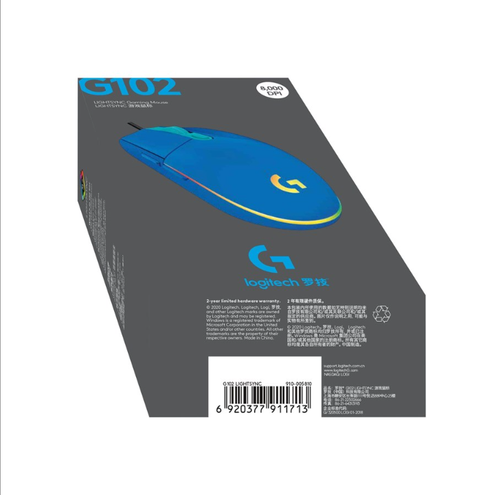 Logitech G102 LIGHTSYNC - Blue - Gaming mouse - Optic - 6 buttons - Black with RGB light