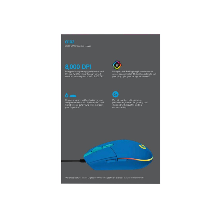 Logitech G102 LIGHTSYNC - Blue - Gaming mouse - Optic - 6 buttons - Black with RGB light