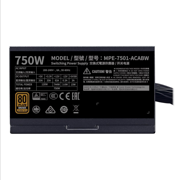 Cooler Master MWE Bronze V2 750 power supply - 750 Watt - 120 mm - 80 Plus Bronze certificate