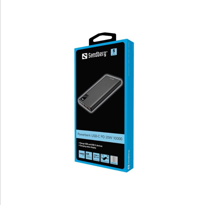 ساندبرج باور بانك - ليثيوم أيون - 2 × USB USB-C - باور بانك 20 وات - 10000 مللي أمبير في الساعة