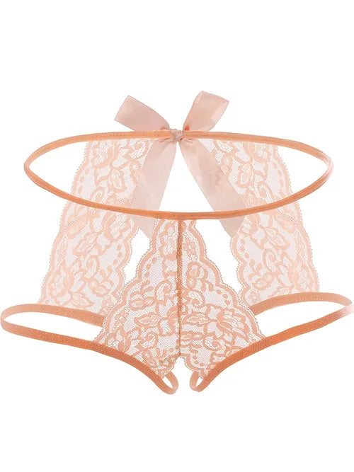 Temptation Bow Panties, Semi-sheer Thin Open Crotch Lace Intimates Panties, Women's Sexy Lingerie & Underwear