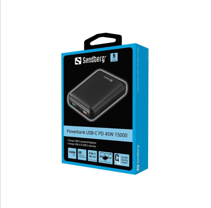 Sandberg Powerbank USB-C PD 45W 15000 PowerBank - Svart - 15000 mAh