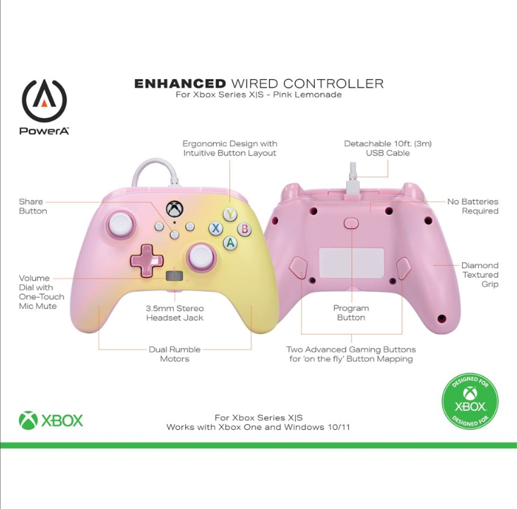 PowerA Enhanced Wired Controller for Xbox Series X|S - Pink Lemonade - Gamepad - Microsoft Xbox One