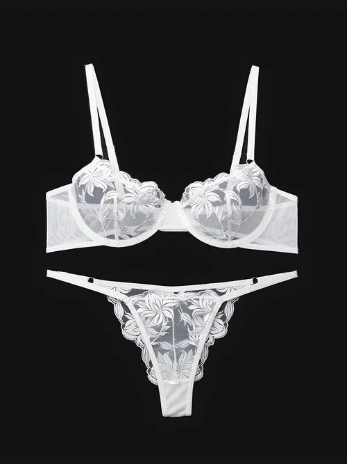 花卉刺绣内衣套装,性感透明聚拢文胸和网布丁字裤,女式性感内衣和内衣