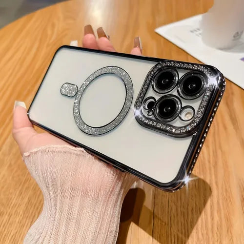磁性透明黑色 iPhone 14 Pro Max 手机壳带闪光水钻
透明奢华电镀无线充电手机壳