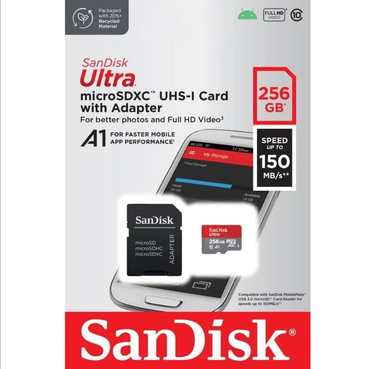 بطاقة SanDisk Ultra microSD/SD - بسرعة 150 ميجابايت/ثانية - 256 جيجابايت