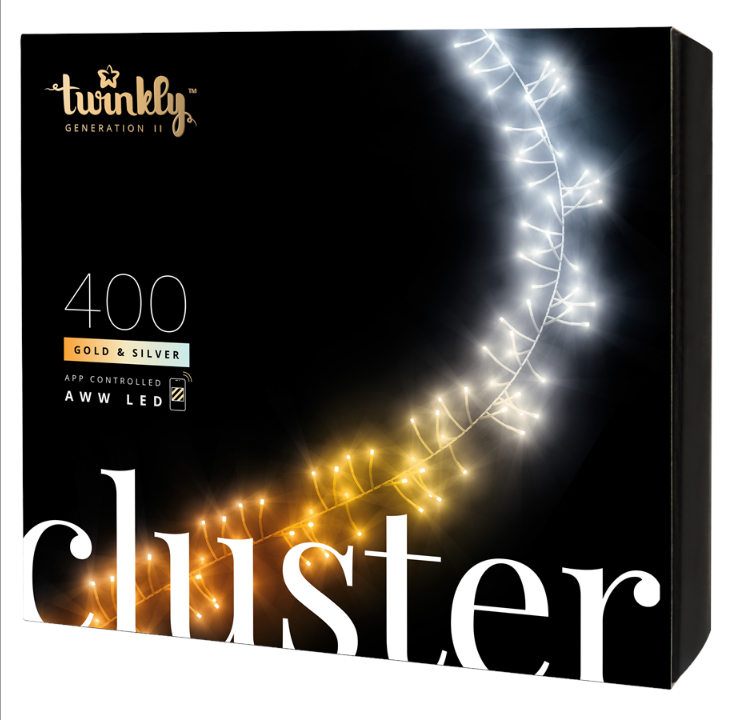 Twinkly Cluster “ 400 App-controlled AWW LEDs. 6 Meters. Black Wire.