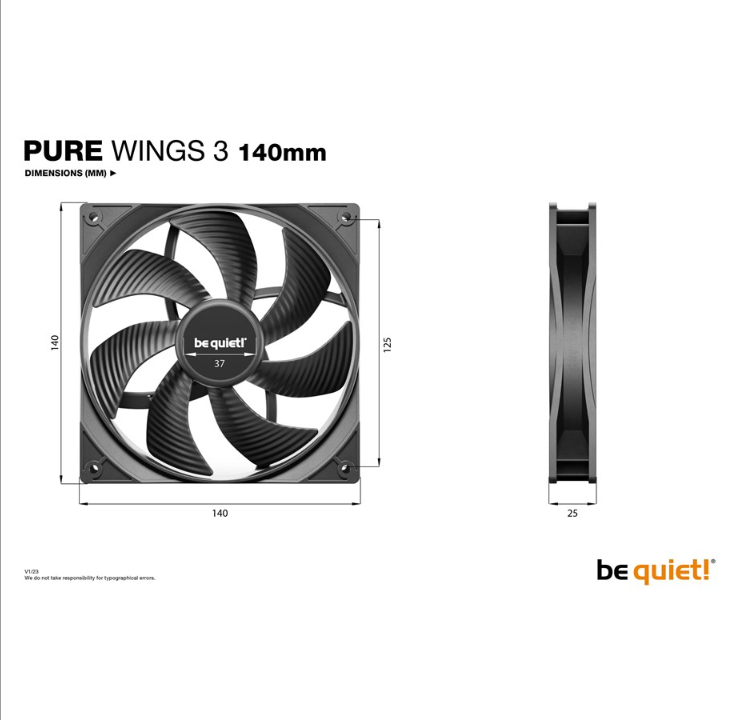 be quiet! Pure Wings 3 140mm - Chassis fan - 140mm - Black - 22 dBA