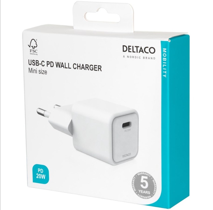 Deltaco USB-C mini wall charger 1x USB-C PD 20 W white