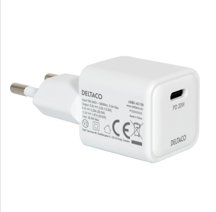 Deltaco USB-C mini wall charger 1x USB-C PD 20 W white