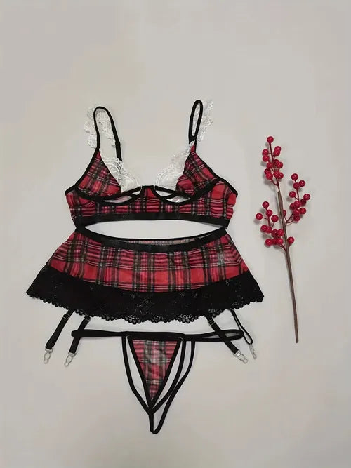Lace Trim Red Plaid Sexy Lingerie Set, Thin Hollow Unlined Bra & String Panties & Skirt Style Garter, Women's Sexy Lingerie & Underwear