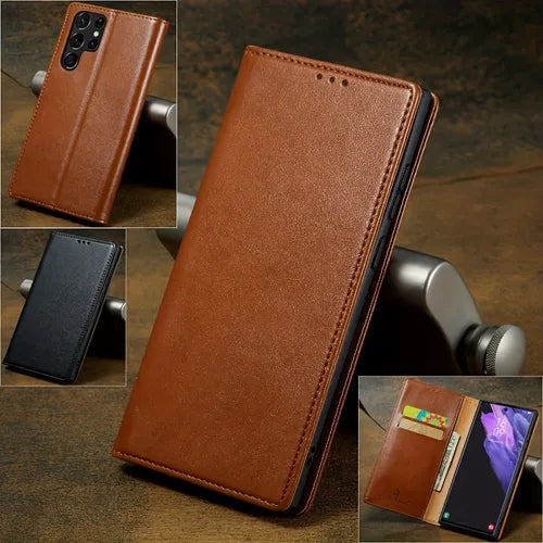 适用于三星 Galaxy S23+ 真皮翻盖手机壳 Galaxy S22 Ultra S21 插卡钱包式保护套翻盖手机壳保护套