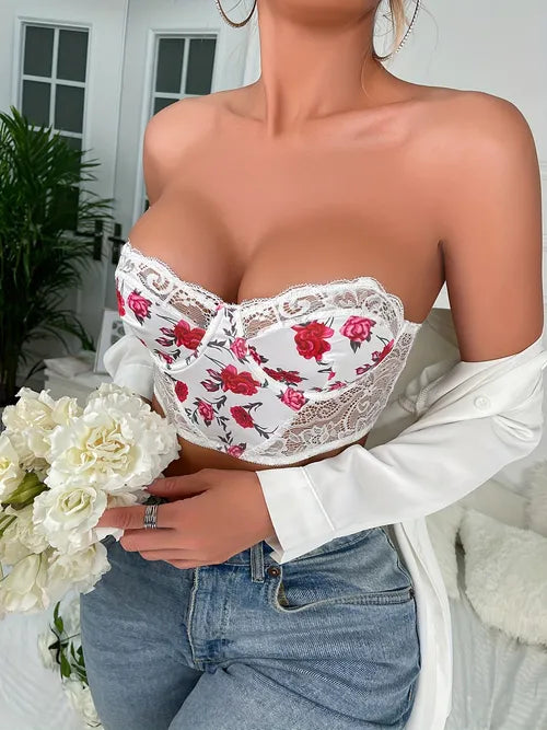 Contrast Lace Floral Print Bra, Sexy Push Up Strapless Corset Bustier, Women's Sexy Lingerie & Underwear