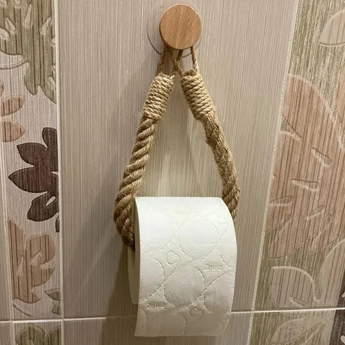 1pc Hemp Rope Paper Towel Holder, Solid Wood Rope Weaving Storage Towel Holder, Face Towel Storage Rack, Creative No-Punch Roll Paper Holder