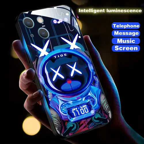 太空熊发光手机壳适用于 iPhone 13/14 Pro Max Plus,语音控制通话闪光,彩色发光钢化玻璃手机保护壳,LED 发光 TPU 保险杠防震壳?保护镜片,无线充电