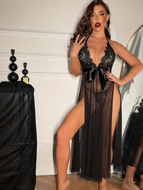 2pcs Open Breast Lace Dress & Panty, Thin & Breathable Bow Tulle Babydoll Dress & String Panty, Women's Lingerie & Underwear