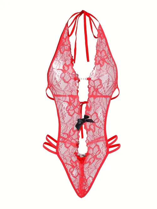 Tempting Floral Lace Halter Teddy, See Through Plunging Backless Thong Bodysuit, Women's Sexy Lingerie & Underwear